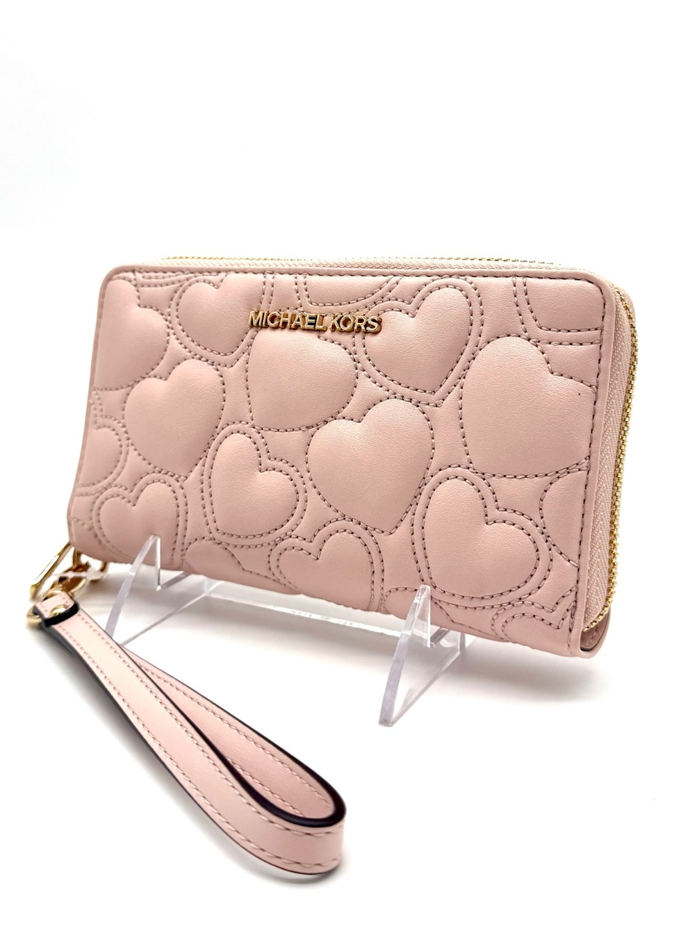 Michael Kors Large Quilted Heart Flat MF Phone Case Wallet Powder Blush